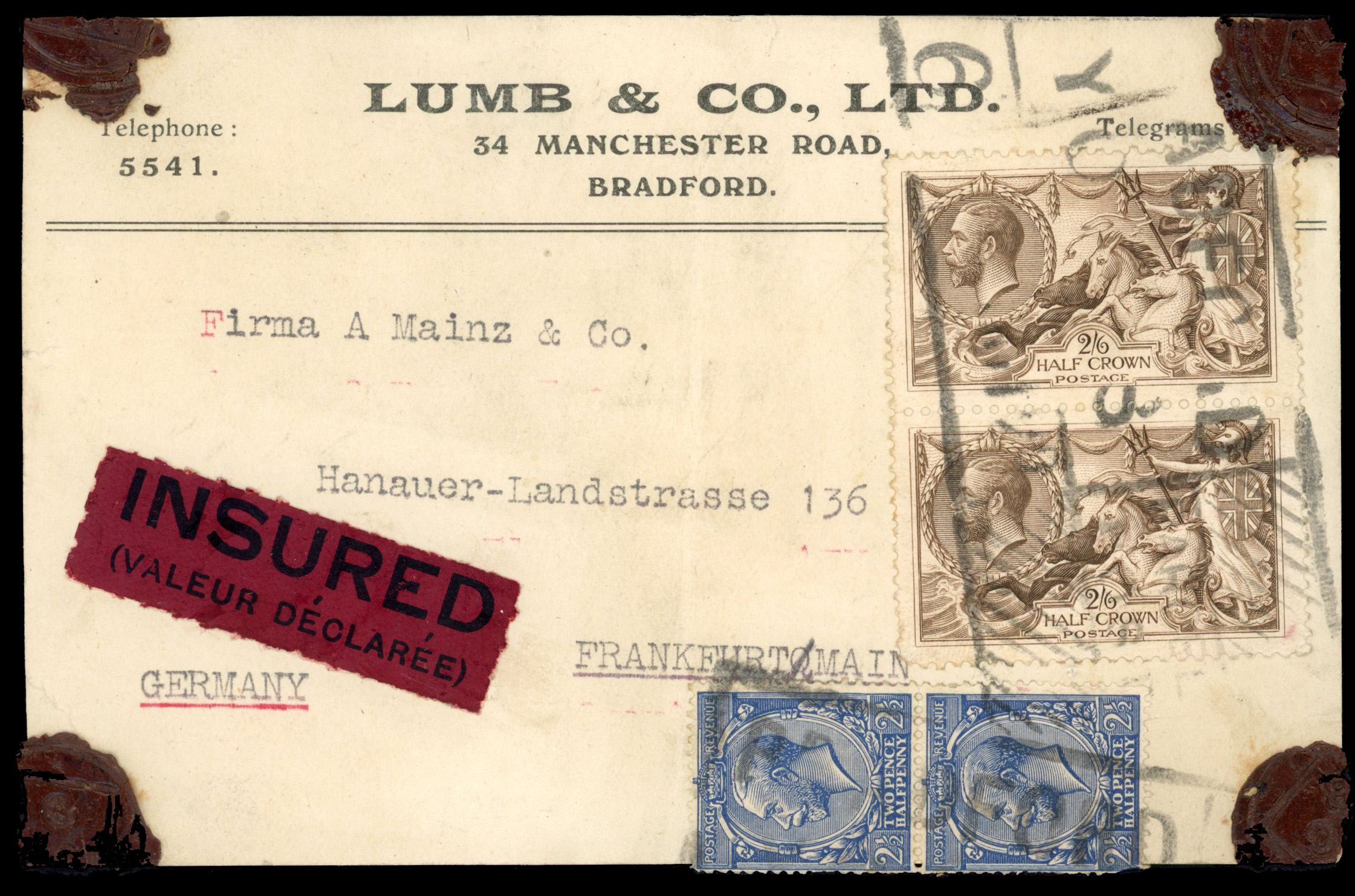 GB c. 1924 insured postcard used as parcel label to Germany