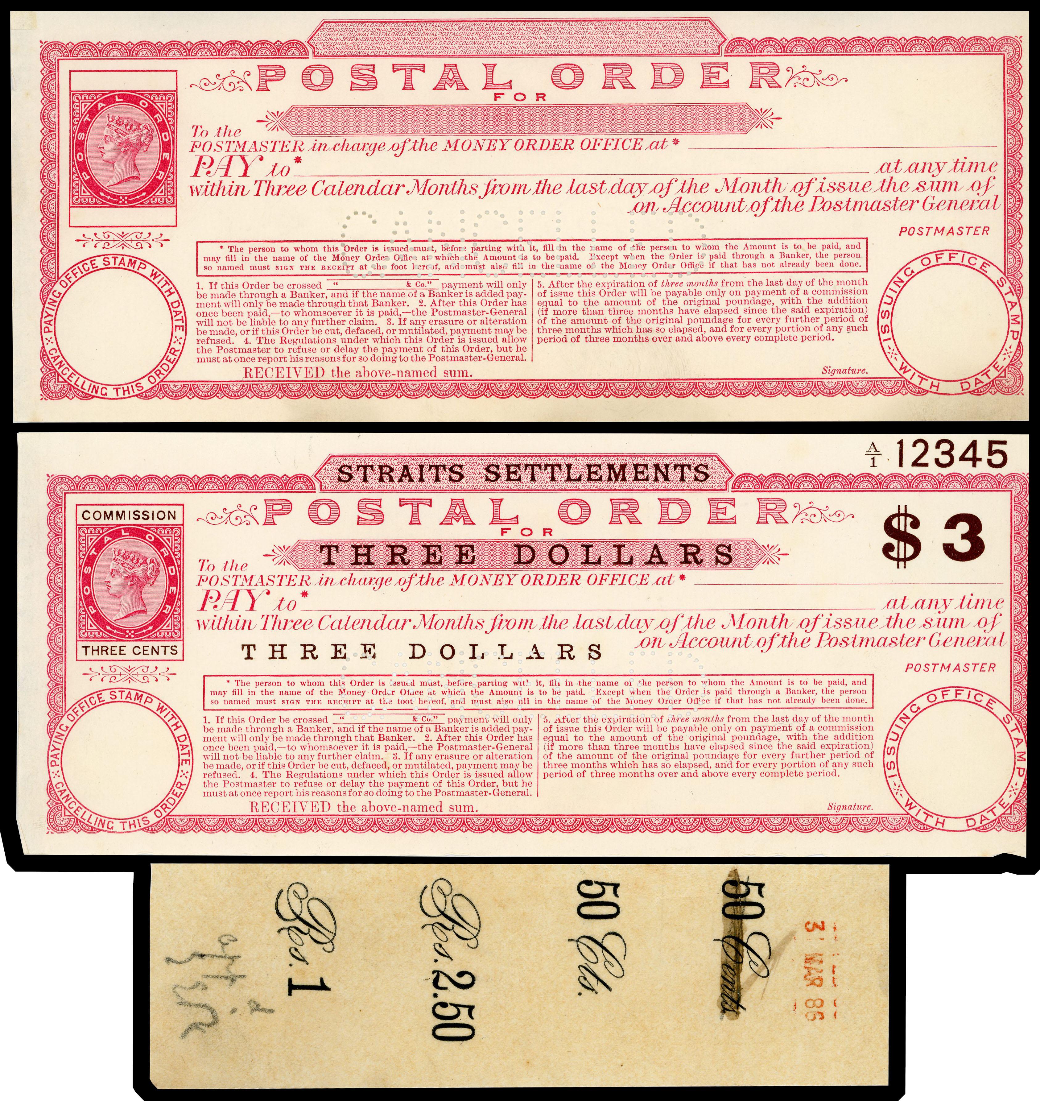 Straits Settlements POSTAL ORDER Proofs Poundage Revenue 'CANCELLED' ex archive