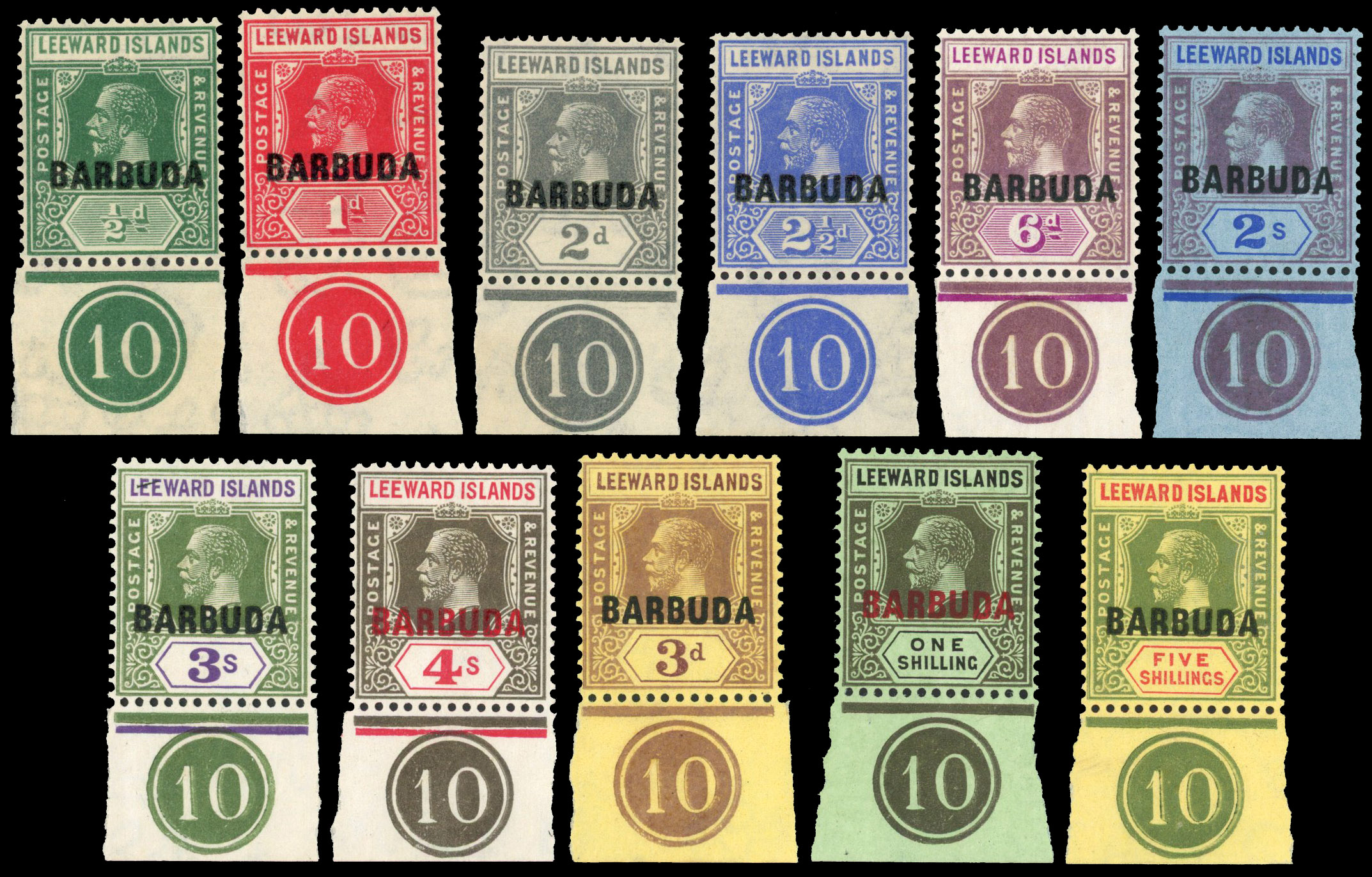Barbuda 1922 SG1/11 Complete set with plate number 10 unmounted o.g.