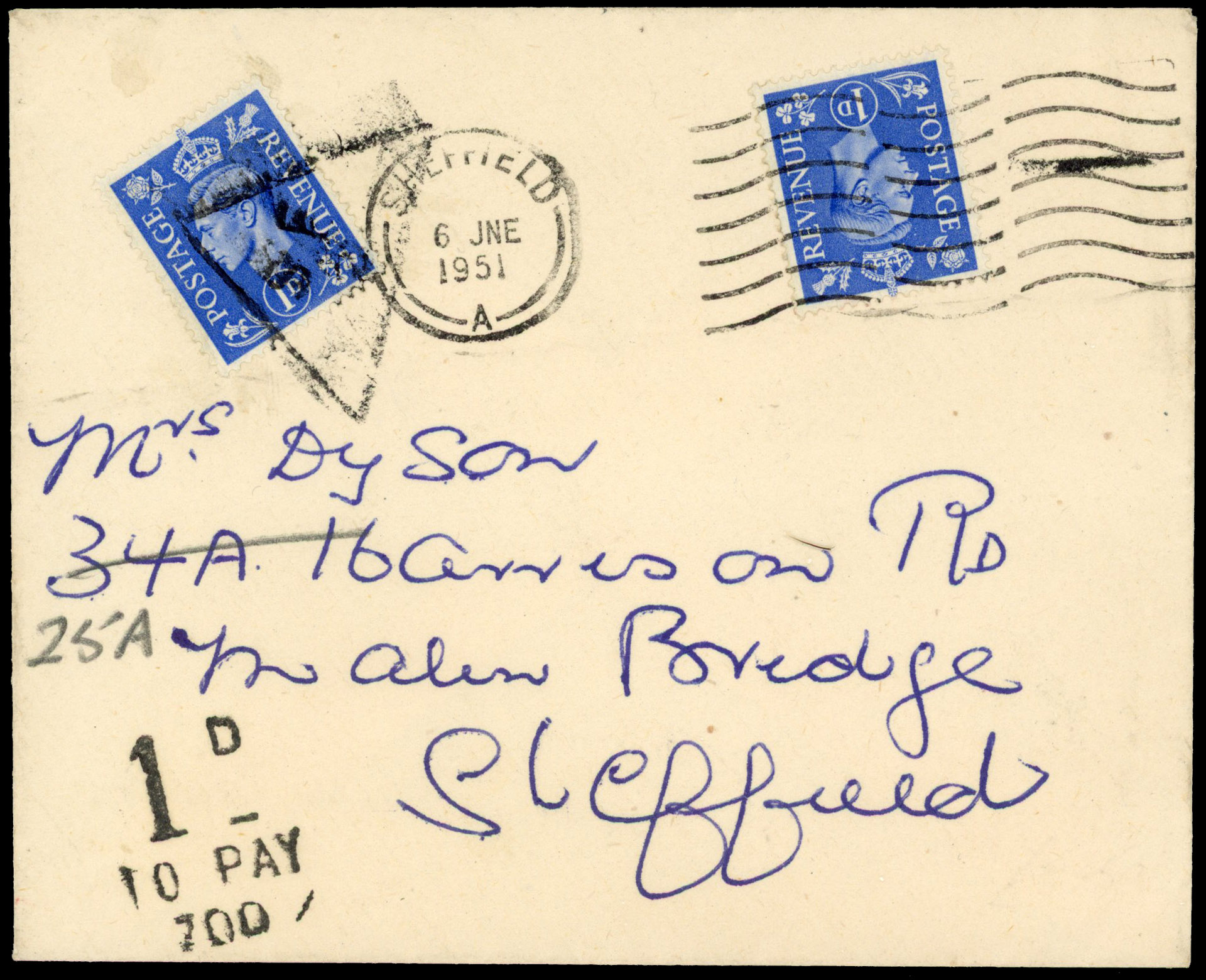 GB 1d light ultramarine used as Postage Due on cover