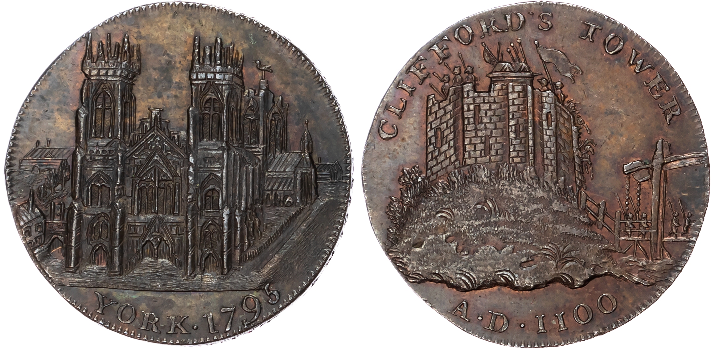 Yorks. , Uncertain issuer, Halfpenny 1795, View of York Cathedral, rev. View of Clifford’s tower, edge YORK BU…