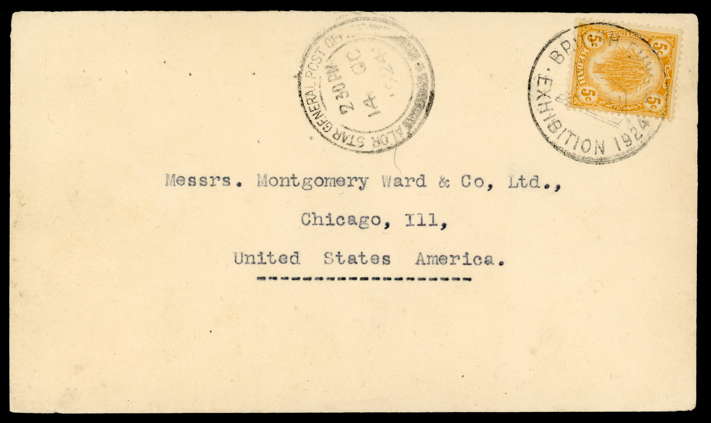 POSTAL HISTORY: 1924 cover to USA with 5c yellow neatly tied “BRITISH EMPIRE EXHIBITION 1924” s/r cds with Alo