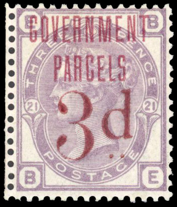 1883 3d on 3d lilac, “Government Parcels” essay, trial overprint Type B in red, SG 159var