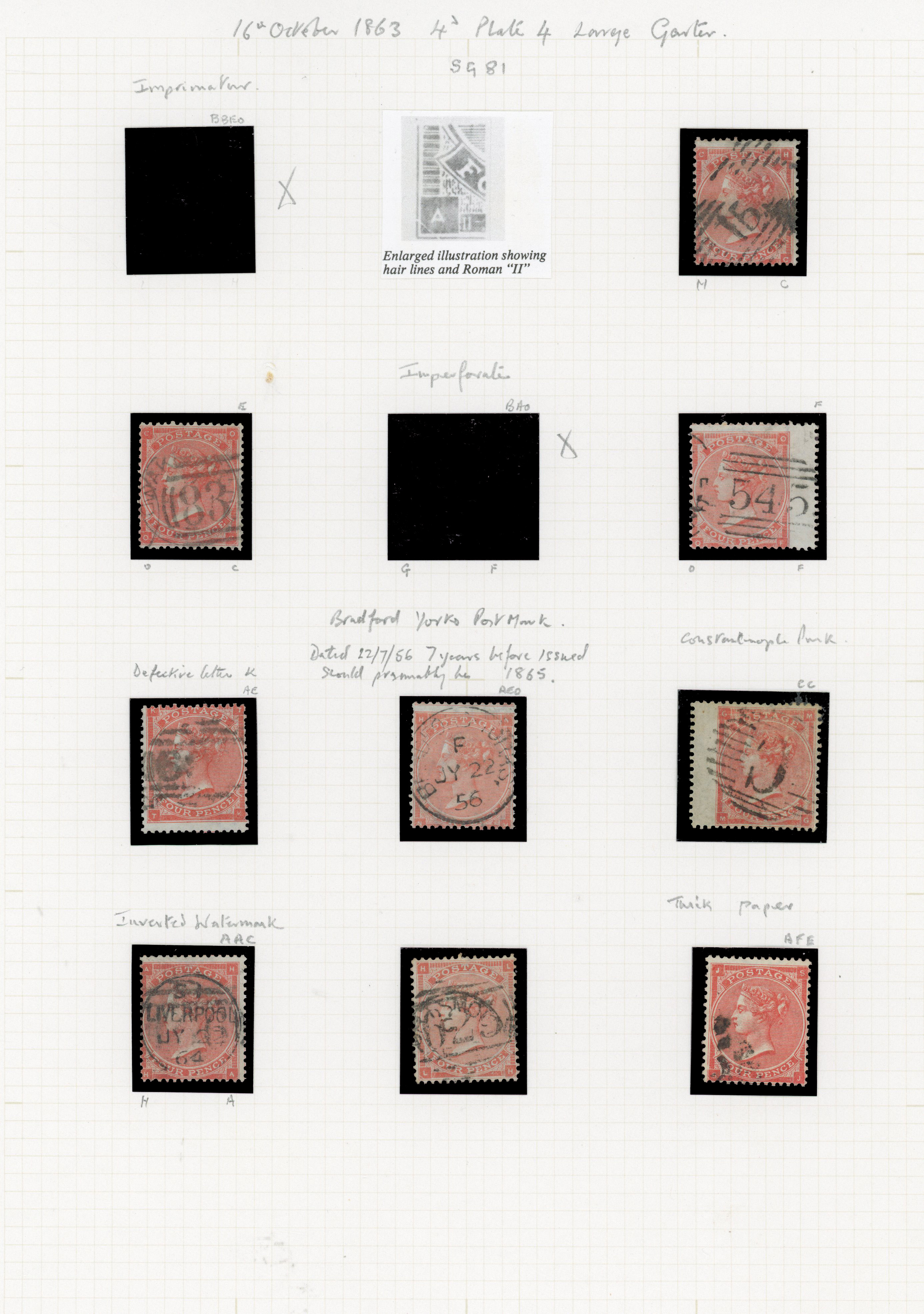 1863 4d Bright red Pl.4 (SG81/82, with hairlines). A fine group of nine used examples