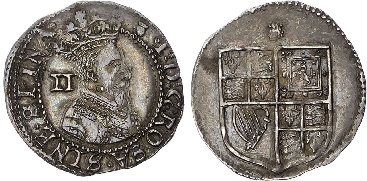 James I (1603-1625), AR Twopence, First issue. Tower (London) mint; mm. Thistle (1603-4). Crowned first bust right; II (…