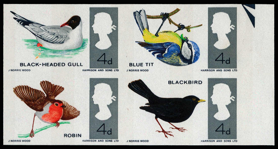 GB 1965 4d British Birds (Phosphor). Superb unmounted o.g. right hand marginal se-tenant block of four … SG696pavar