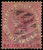 1887 1c on 2c pale rose with Type 27 surcharge in black, used with light bars cancel; slightly soiled and with a small...