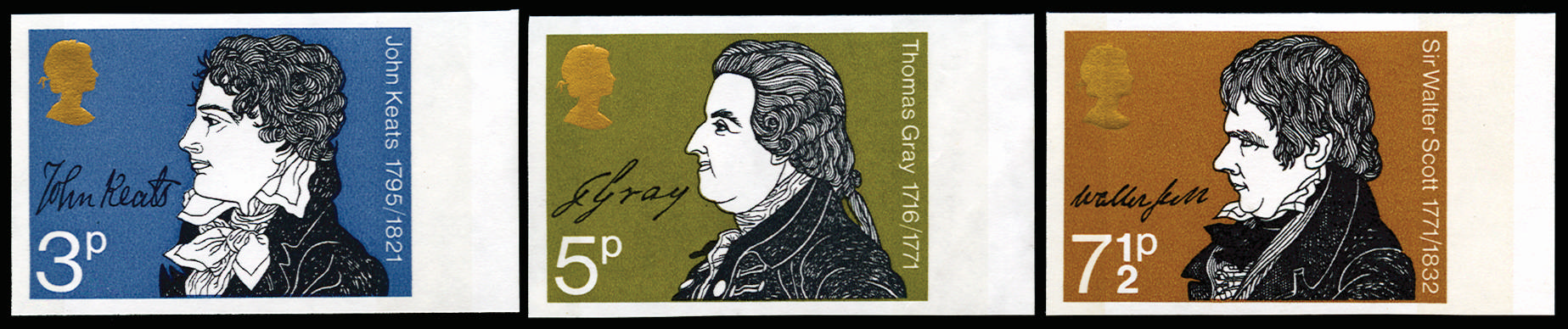 GB 1971 3p-7½p "Literary Anniversaries". Superb unmounted o.g right hand marginal set of three imperfor… SG884/6var