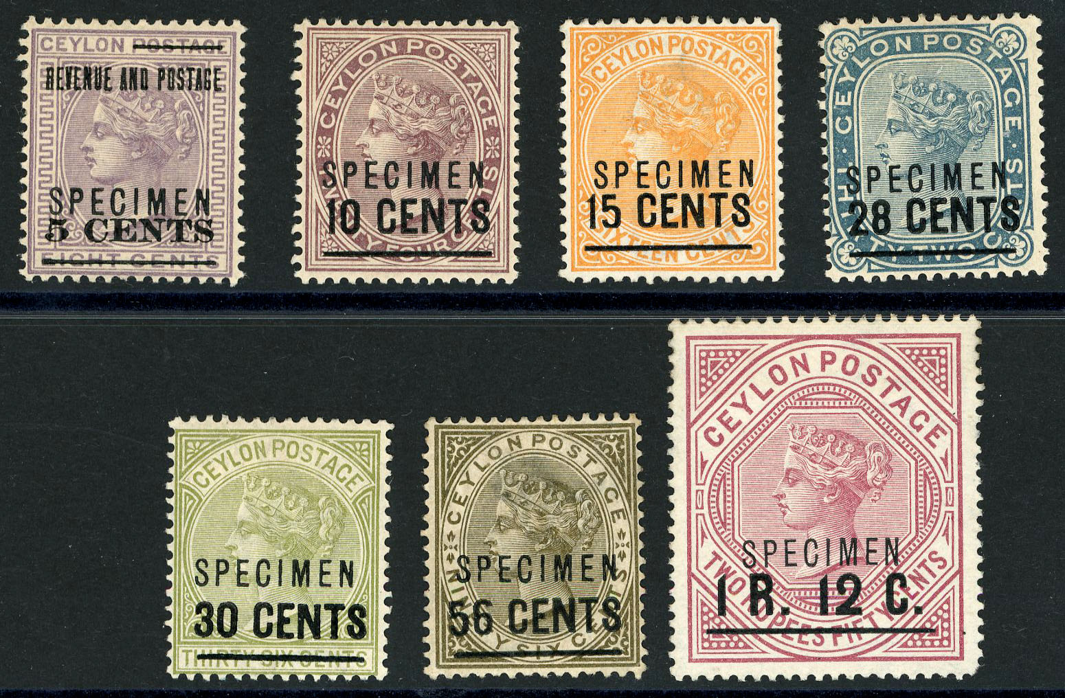 Ceylon 1885 surcharges set optd SPECIMEN SG 187-193s 