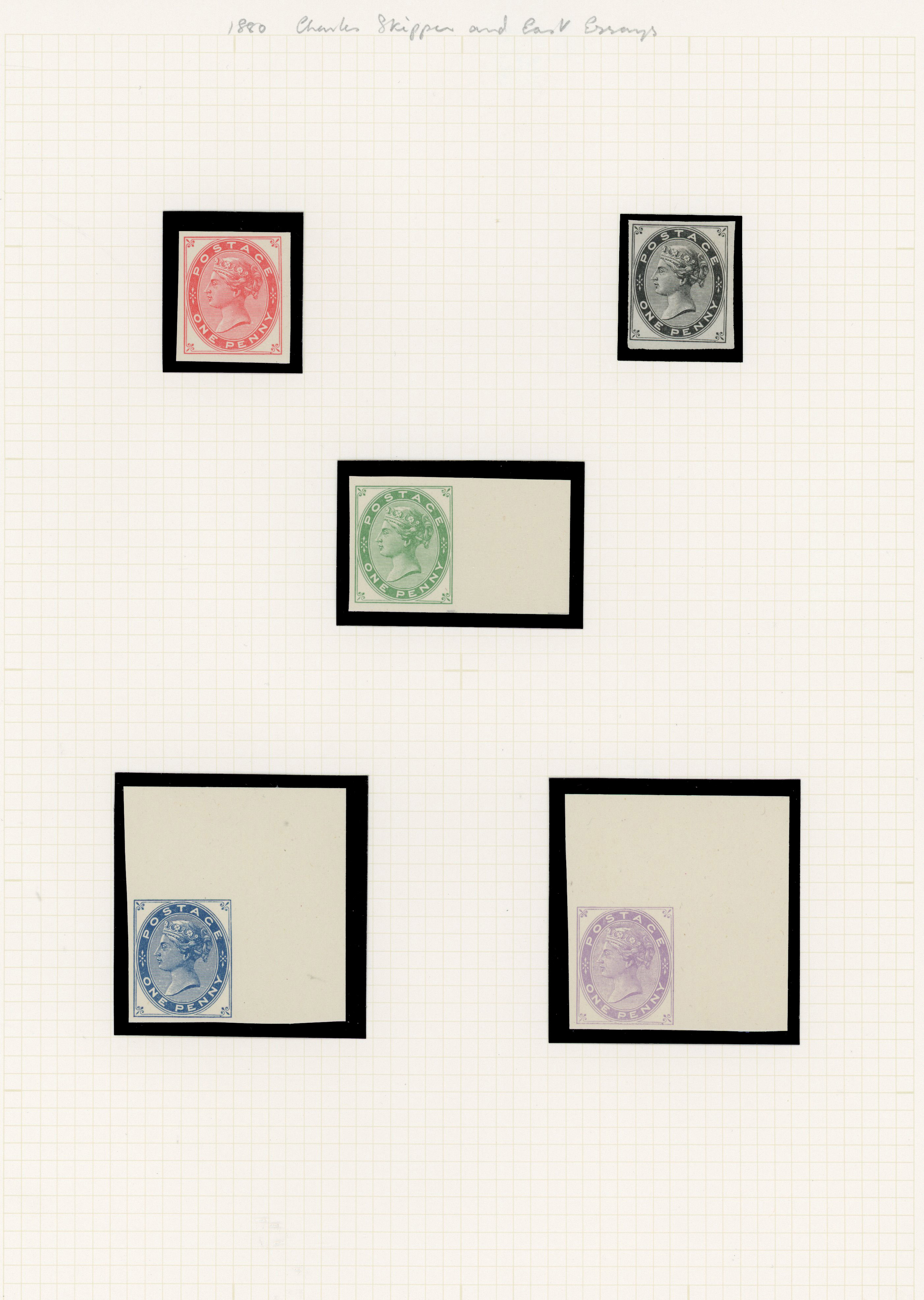 1880 1d Charles Skipper East tender essays. Group of imperforate/perforate essays