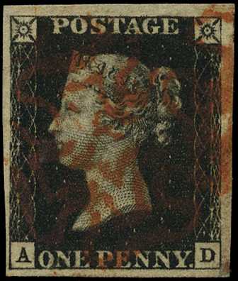 1840 1d black, Plate 7, (AD), four clear...