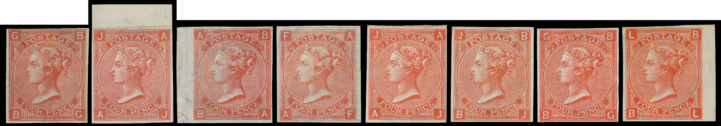 1865 4d Vermilion Pl.7-14. Group of eight imprimaturs
