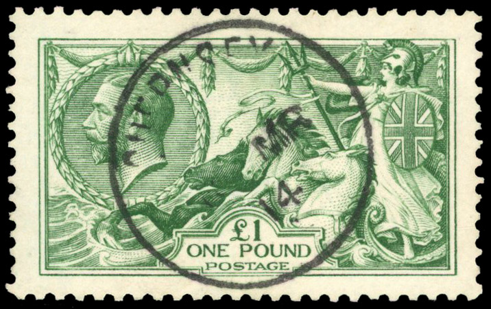 GB 1913 Waterlow £1 green neatly cancelled with Guernsey cds