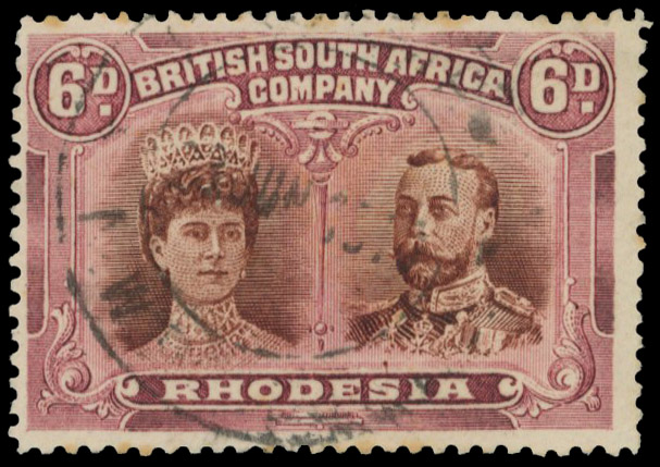 6d reddish brown and claret RSC J, position 29 club flaw used