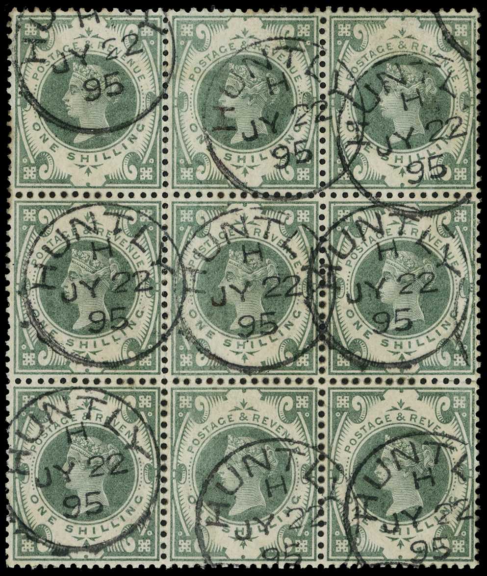 1887 1/- dull green block of nine, used with...