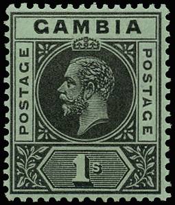GAMBIA SG 97b 1912-22 1s BLACK/GREEN SPLIT A LPOG