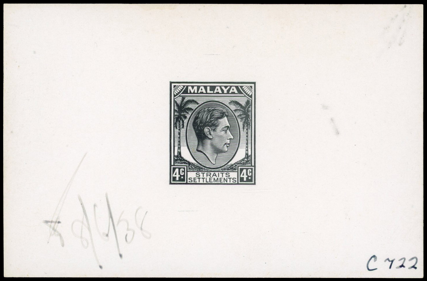 Straits Settlements 1938 KGVI 4c die proof in black