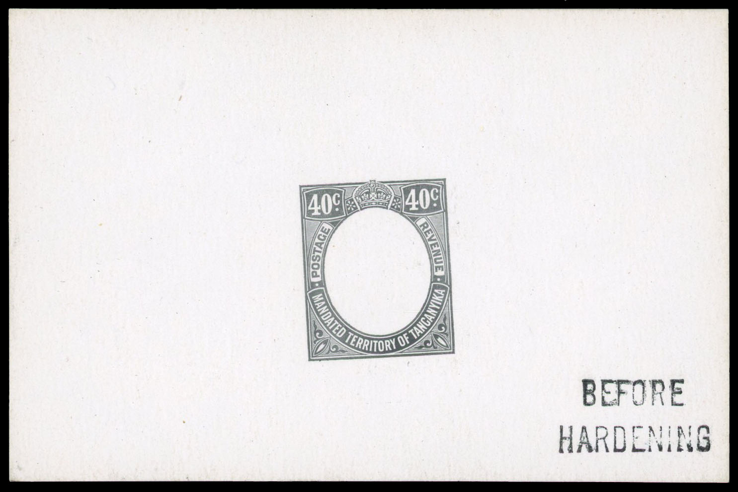 1927-31 40c De La Rue frame die proof in black on glazed card, undated, endorsed “BEFORE HARDENING” in black. Fine.