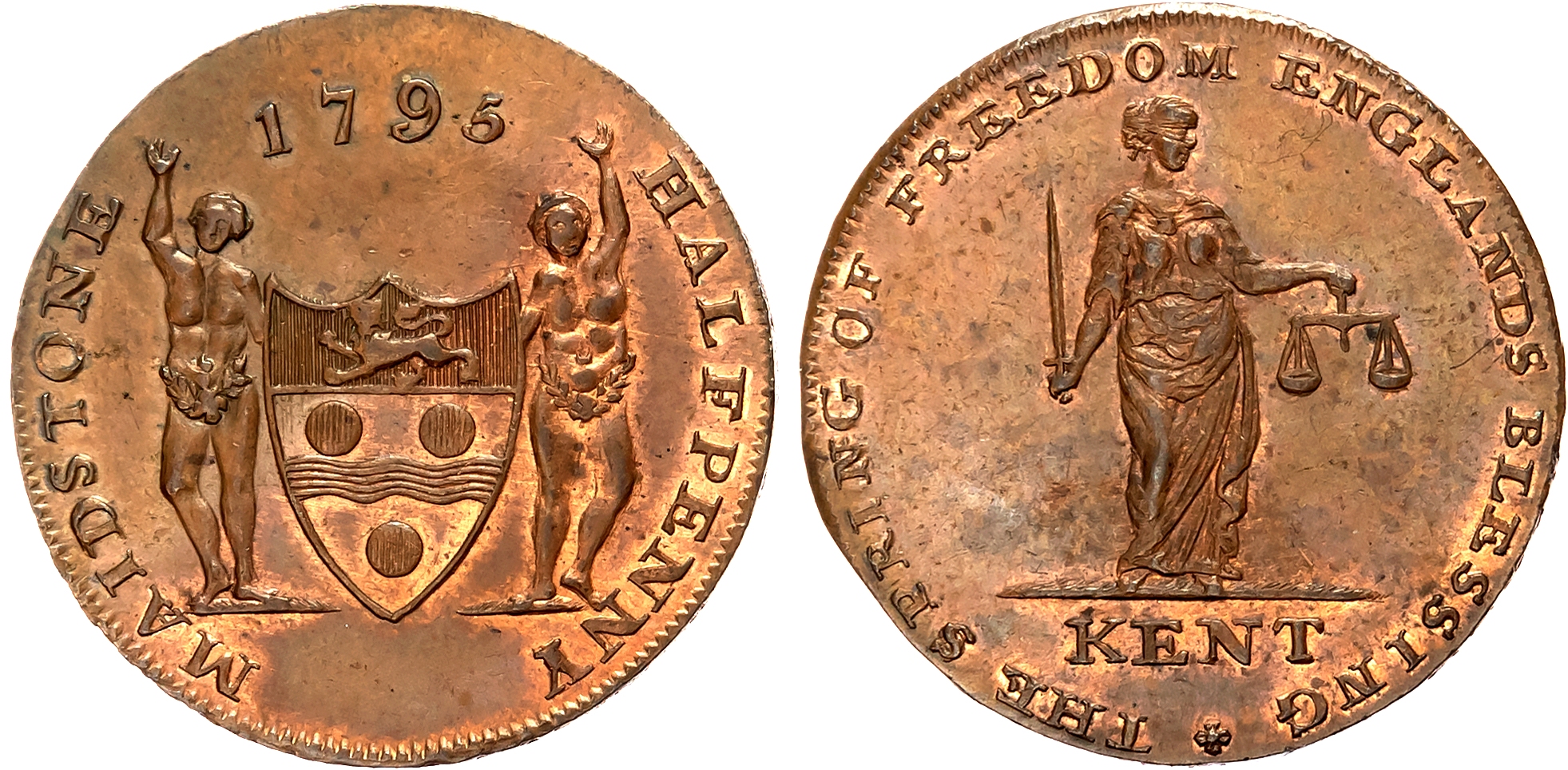 Kent, Maidstone , Henry Oliver (cutler) Halfpenny 1795, Justice standing, rev. Arms and supporters of Maidstone, edge PA …