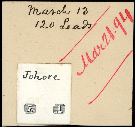 1891-4 series Die Proof of the 1c value tablets cut to stamp size and mounted on thin card from the printer's record book,...