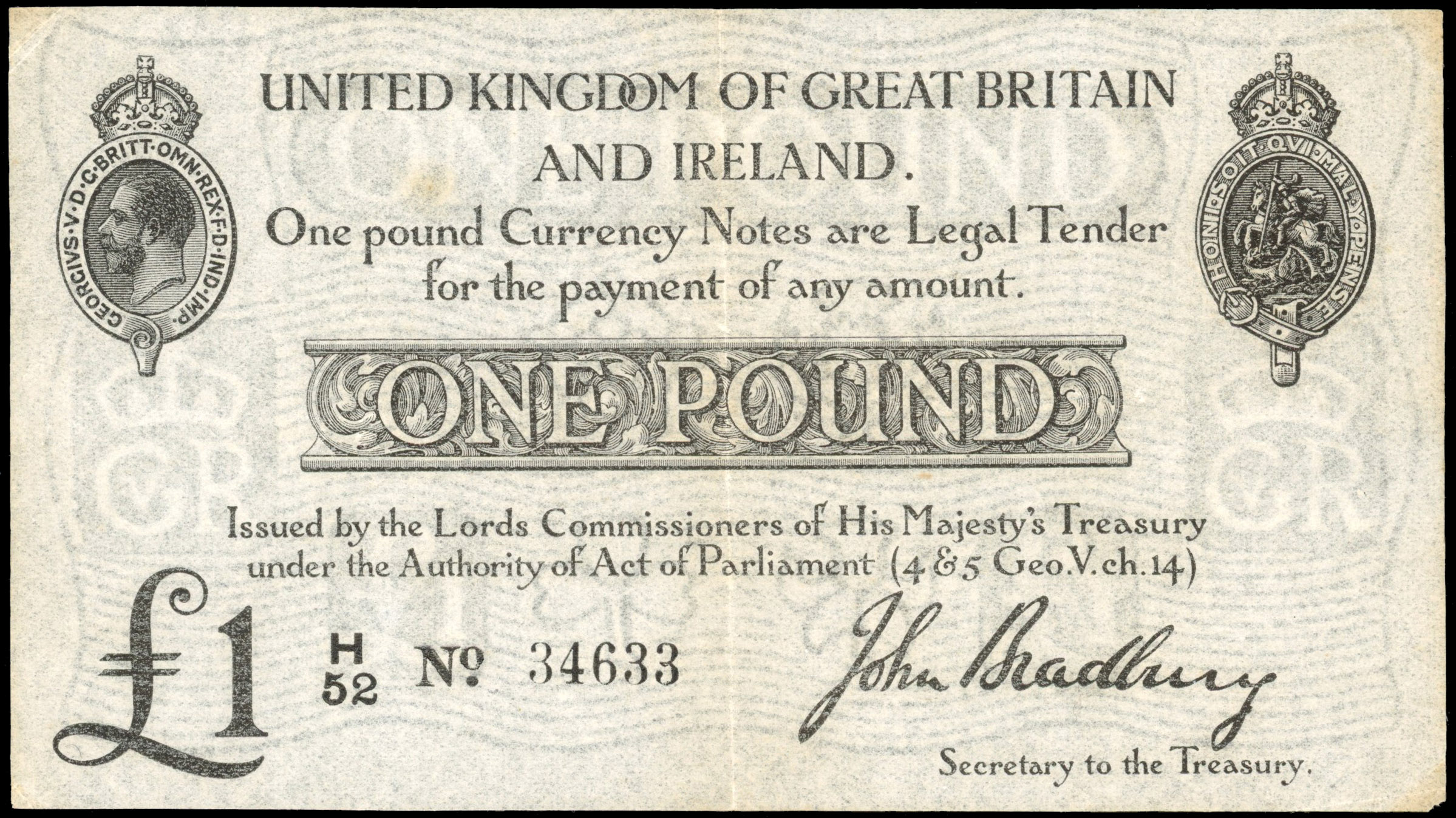 Treasury, J. Bradbury, (second issue), One Pound, Oct. 1914, H/52 34633. (Dugg. T11-1), Single central crease …