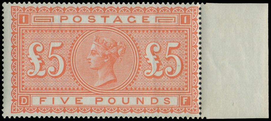 Great Britain 1882 £5 Orange Pl.1. An extremely fine and fresh right hand marginal example lettered DF, centred sl…