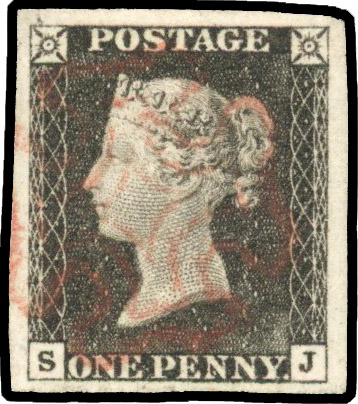 1840 1d black, plate 1A (SJ), good to huge margins, lightly cancelled