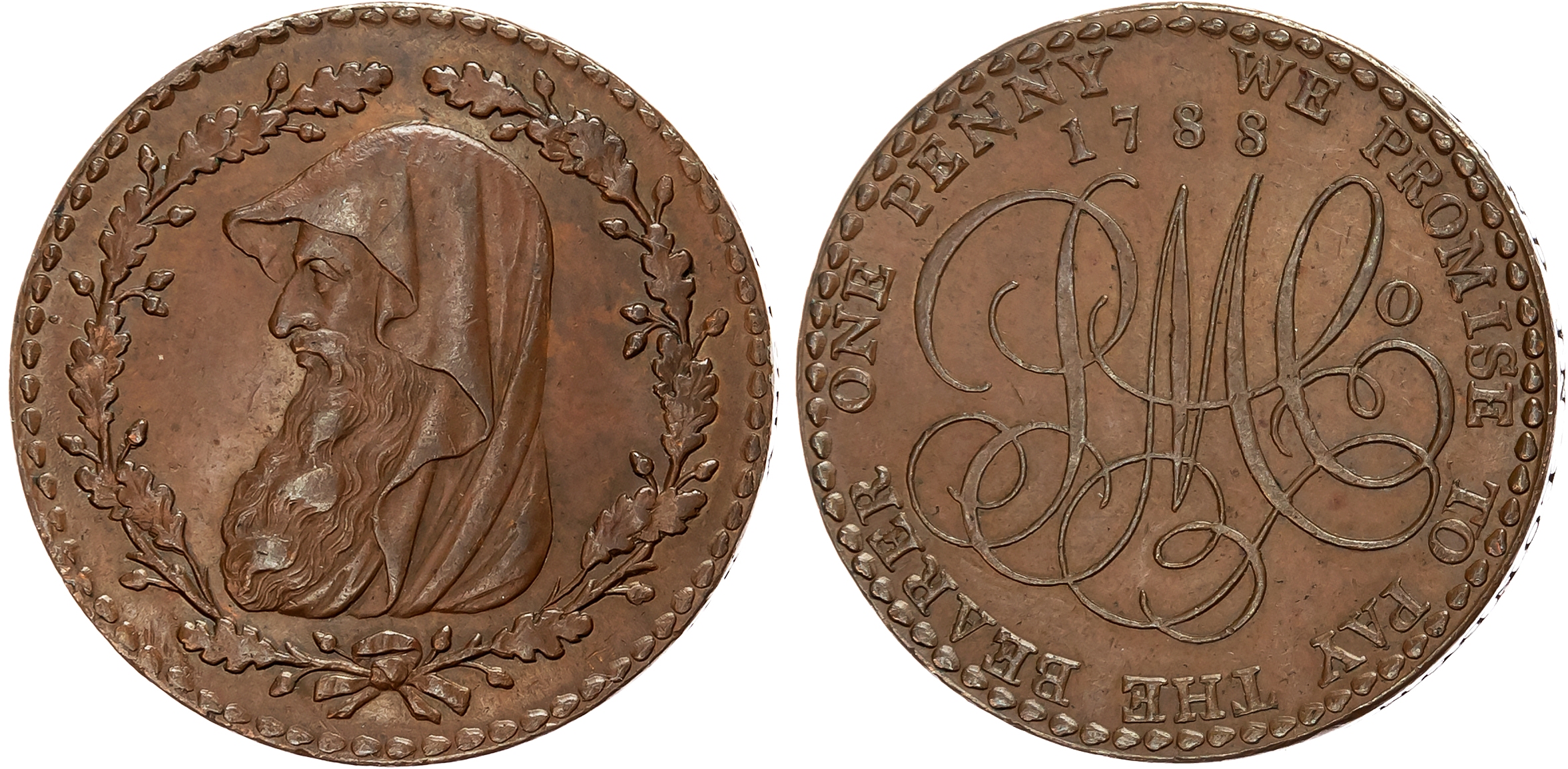 Ang.  Amlwch, Contemporary counterfeit  Parys Mines Co. Penny 1788, Cowled druid’s head within a thin oaken wreath with  …