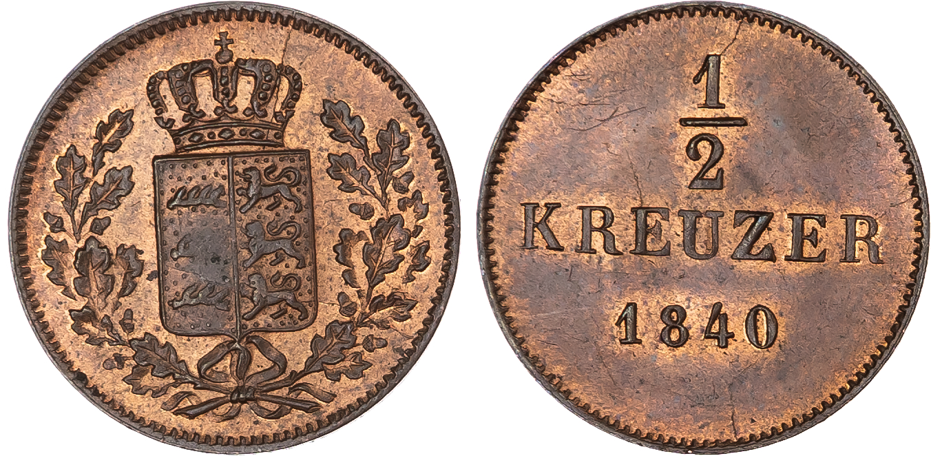 Germany, States. Wurttemburg CU 1/2 Kreuzer. 1840. 