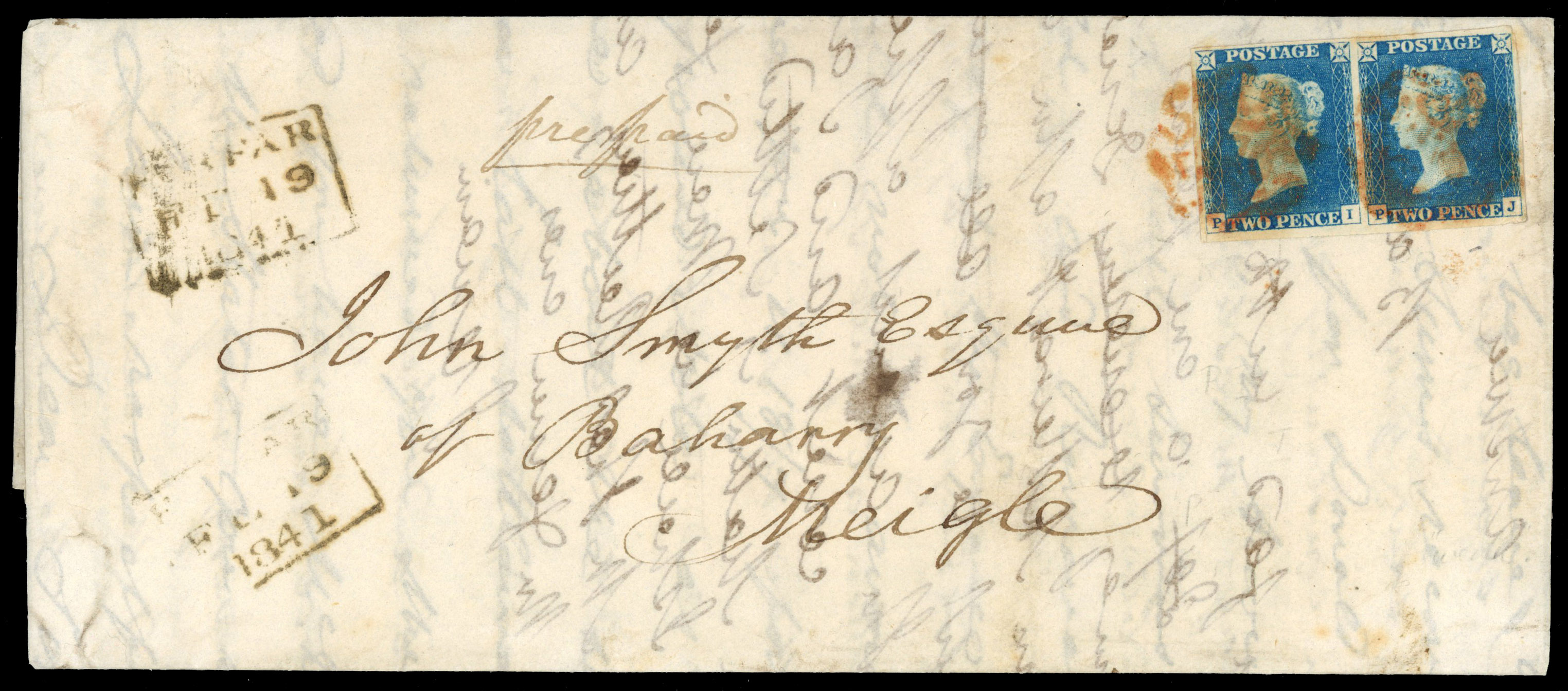 GB 1840 2d blue pair on cover to Meigle cancelled with orange-red Forfar Maltese cross