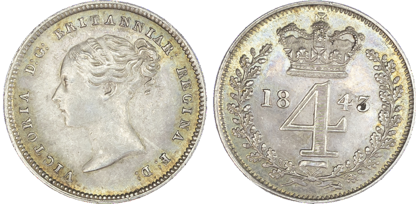 Victoria (1837-1901), Maundy set, 1843, Four, Three, Two and One Pence, young head left, legend and toothed border