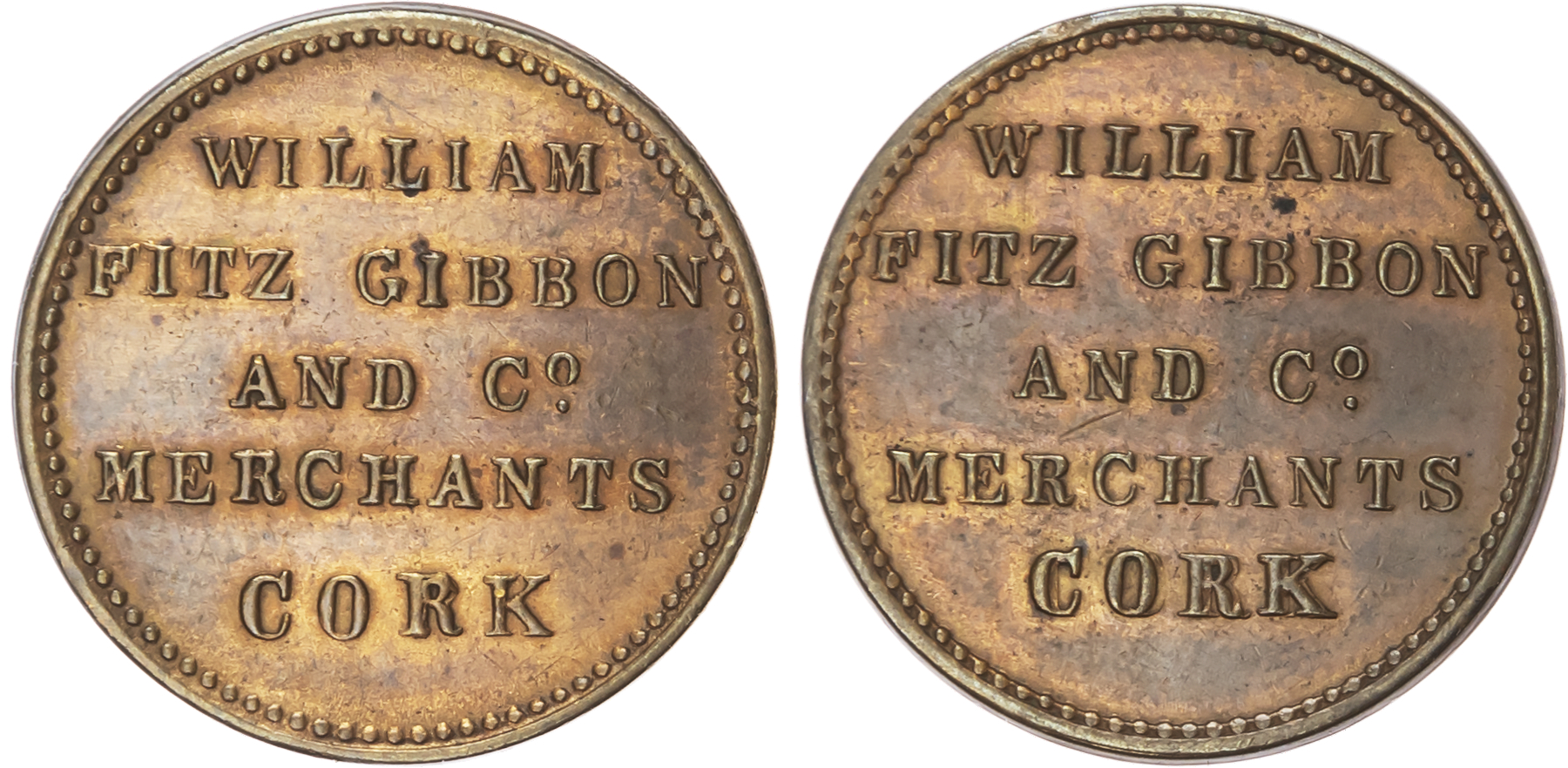 Cork , William FitzGibbon & Co. ( linen & silk merchant ) farthing 1835, two-line legend/two-line legend. 21.5…