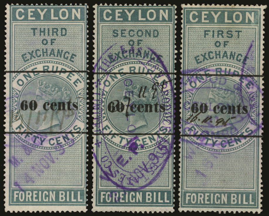 CEYLON 1896 Revenue Foreign Bill: Local Surcharge 1896 '60 cents' on 1r50 deep green