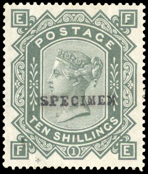 1867-83, Large Anchor, blued paper, 10s grey-green, plate 1 (FE), overprinted ‘SPECIMEN’ (type 9)