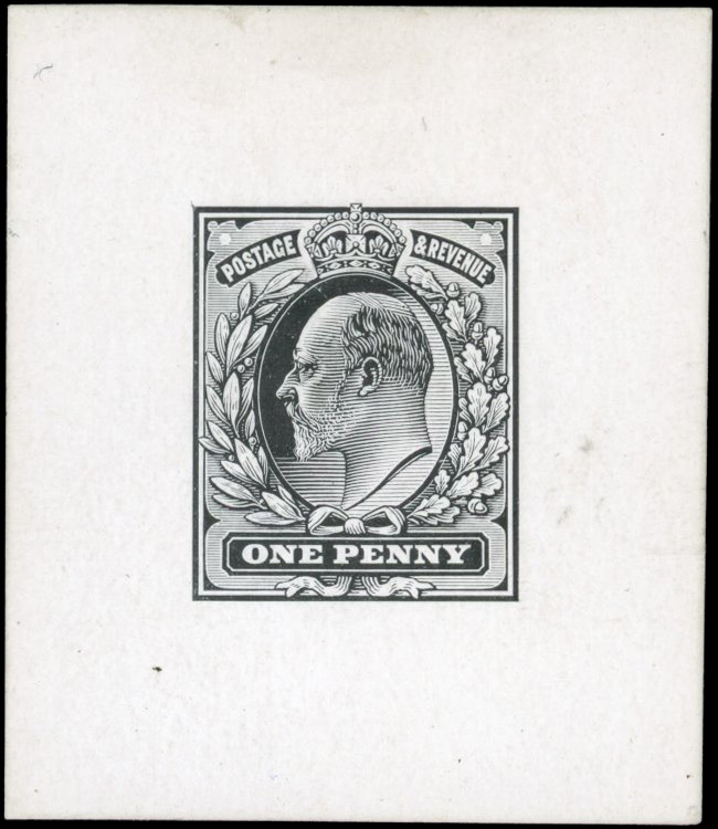 GB 1901 1d Die Proof in black on white glazed card