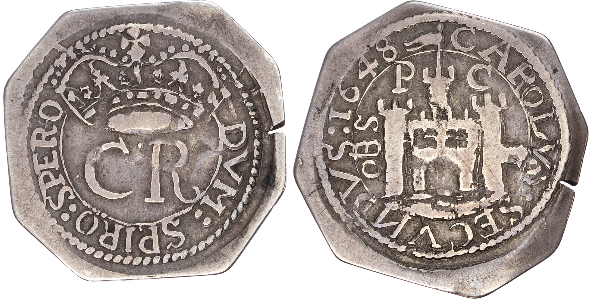 Charles I (1625-1649), in the name of Charles II, Civil War Issues, Third Siege of Pontefract, AR 'octagonal' Shilling, 1648