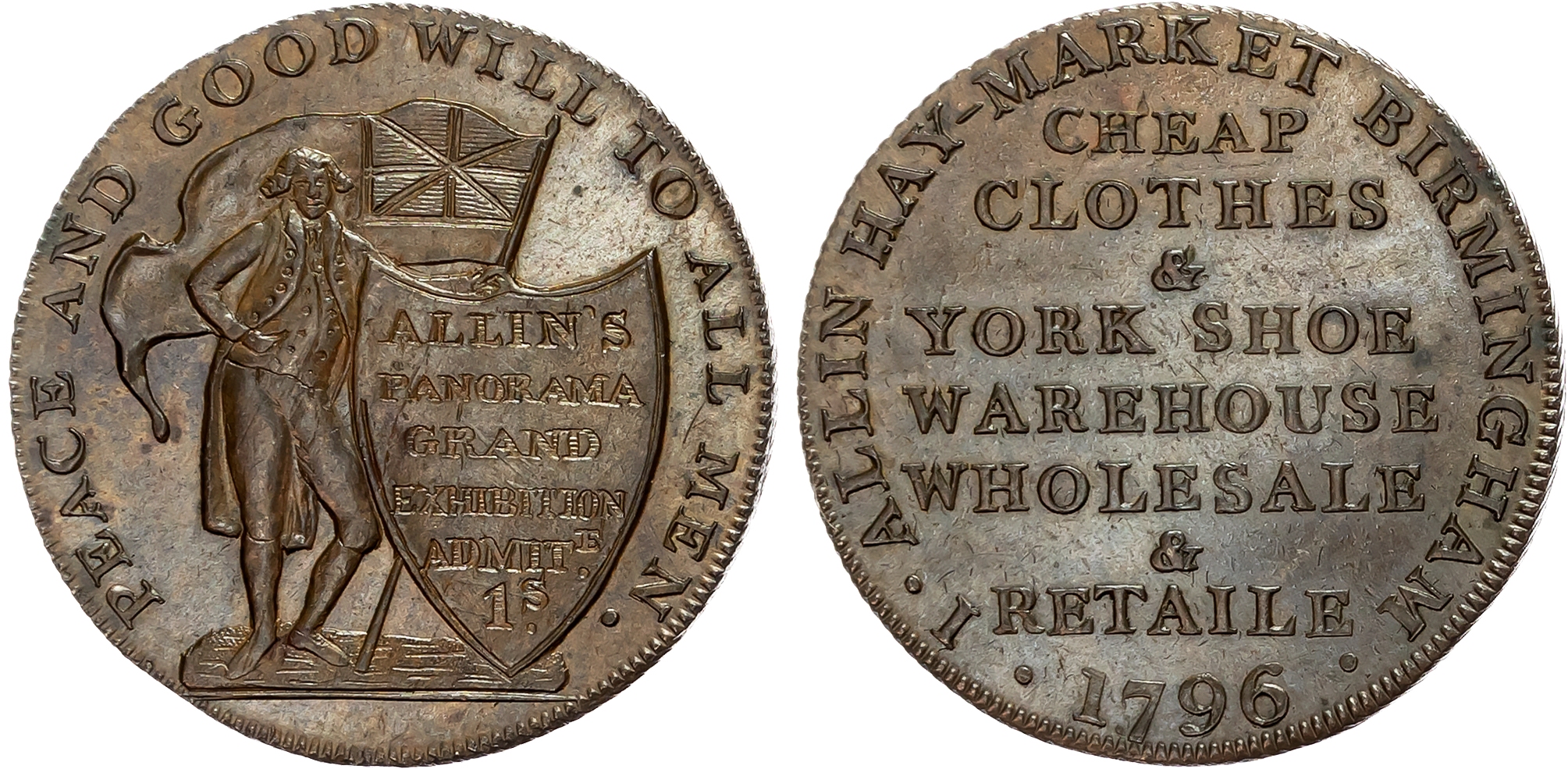 Warks. Birmingham , John Allin (clothes and shoes seller) Halfpenny 1796, Man holding Union flag and advertisement, rev …