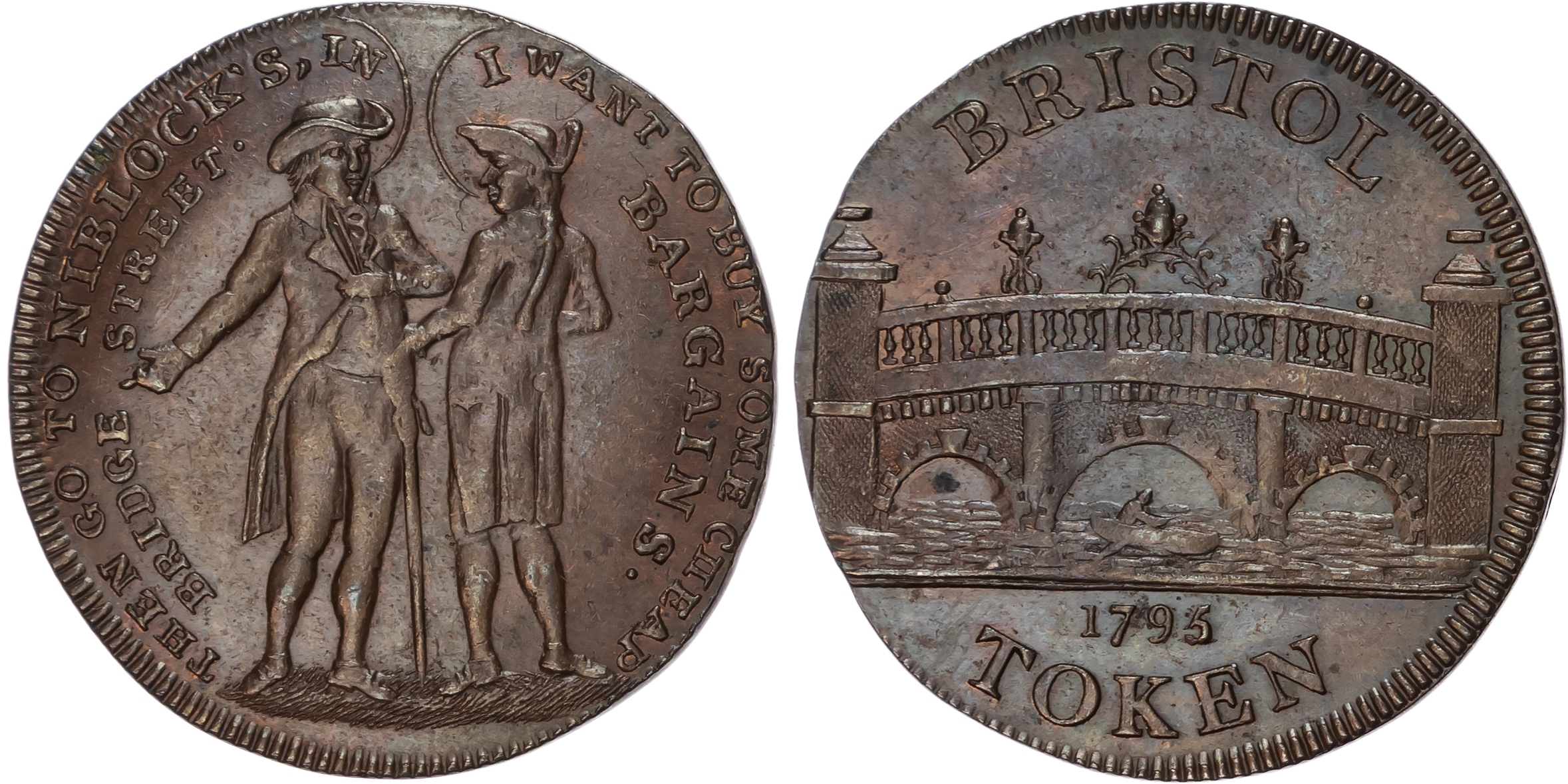 Som . Bristol , James Niblock and William Hunter (auctioneers) Halfpenny 1795, Two welldressed gentlemen stand…