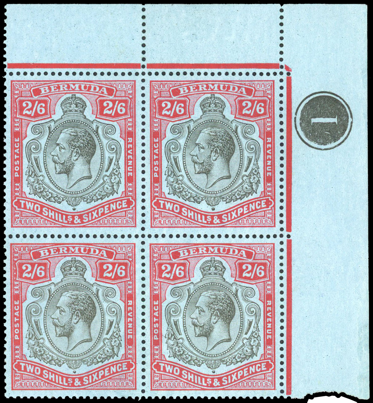 Bermuda 1924-32 2s6d black and carmine/pale blue plate block with vars S.G. 89/a/b cat £730