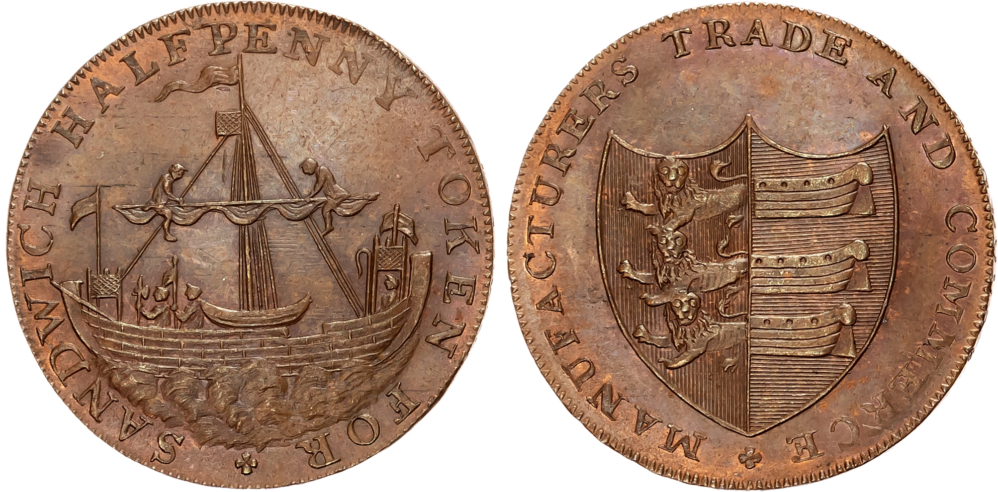 Kent, Sandwich , Thomas Bundock (weaver) Halfpenny, Ancient sloop, rev. Cinque Port Arms, edge PAYABLE AT THOMAS BUNDOCK …