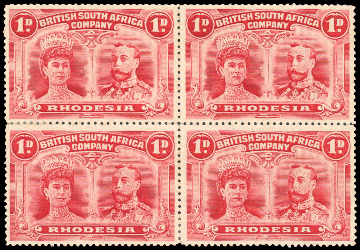 Rhodesia 1910-13 1d deep rosine perf 15 block of 4