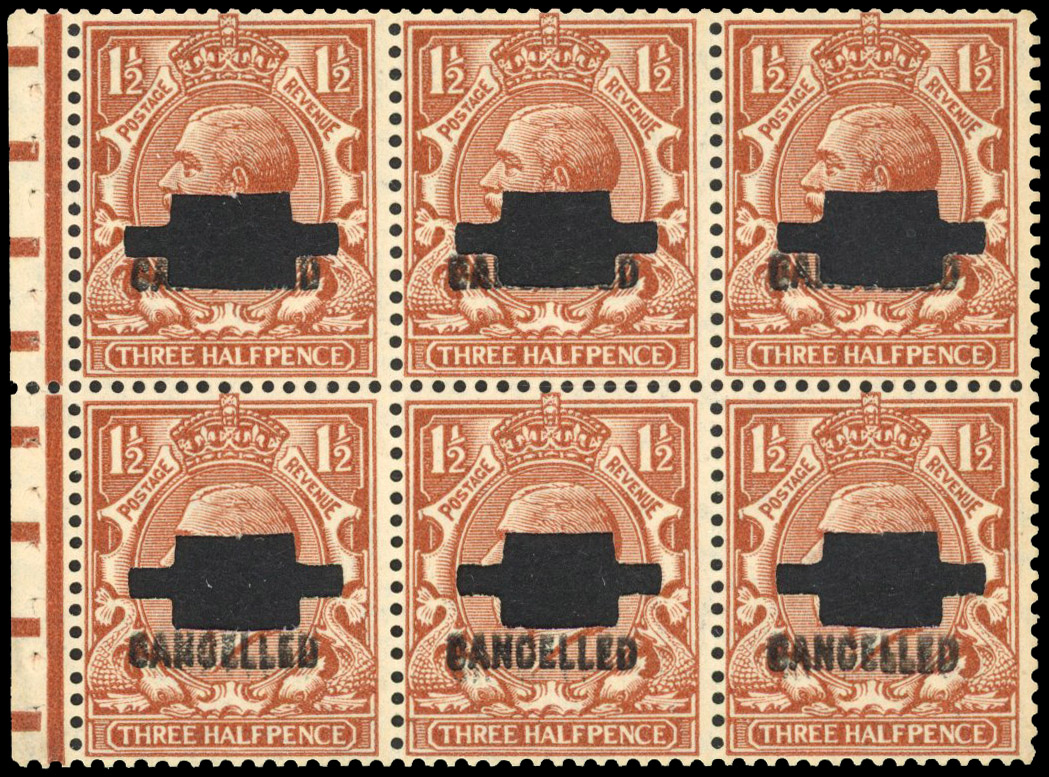 GB 1924-26 1½d booklet pane punched and overprinted ‘CANCELLED’