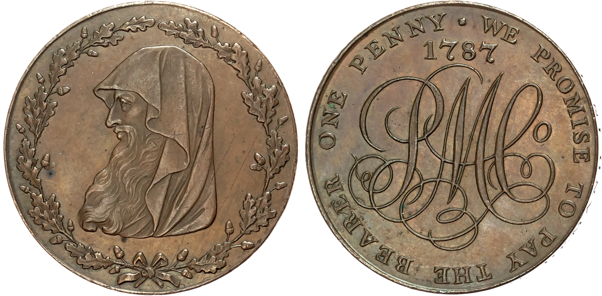 Ang. Amlwch, Parys Mines Co. Penny 1787, Cowled druid’s head within a thin oaken wreath with 22 acorns, rev . PMCo cyphe …