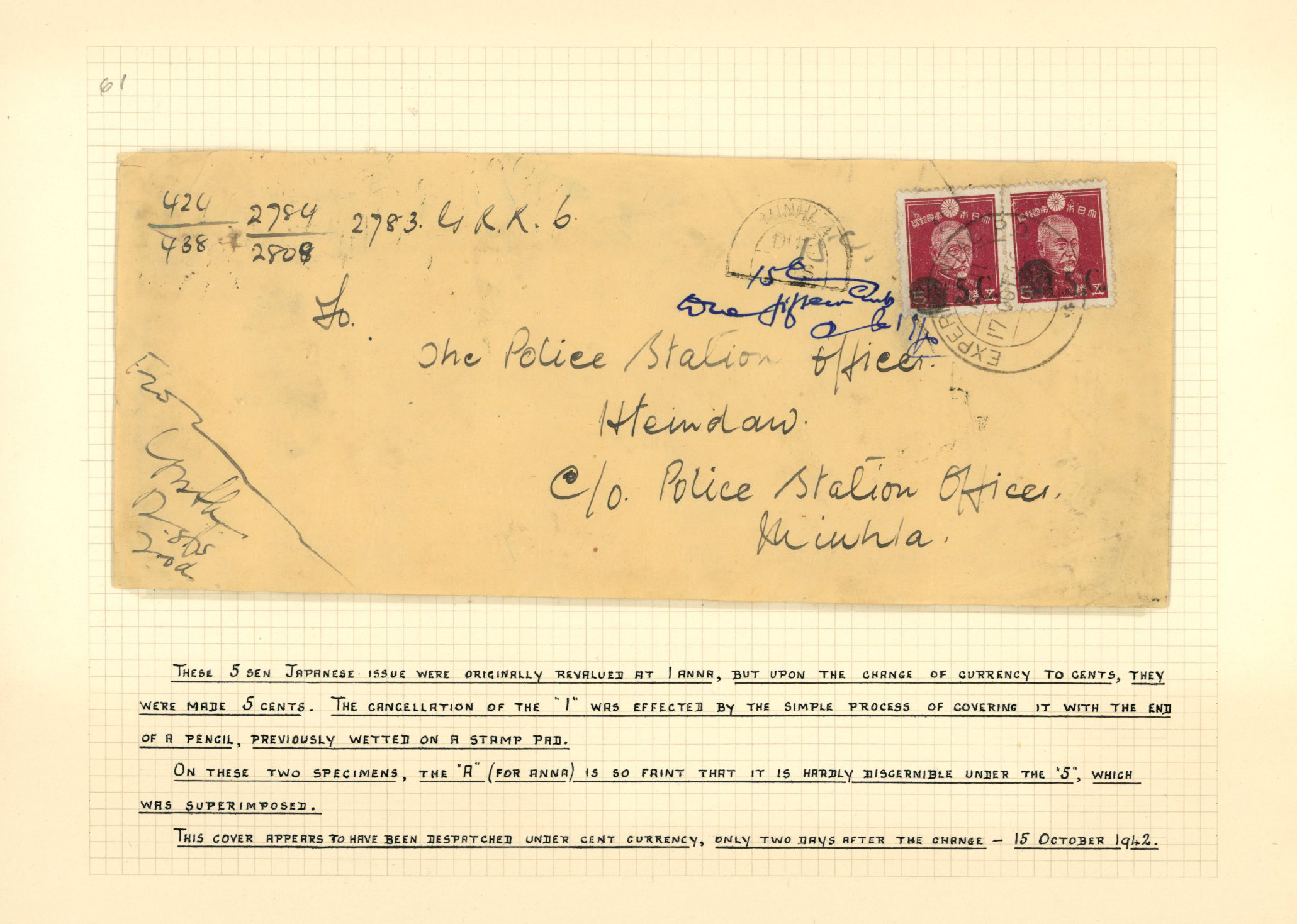 1942 cover to Rangoon franked by 5ct on 1a on...