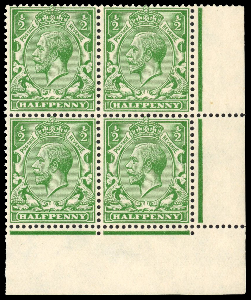 SG 418c 1924-6 ½d green block without watermark mint