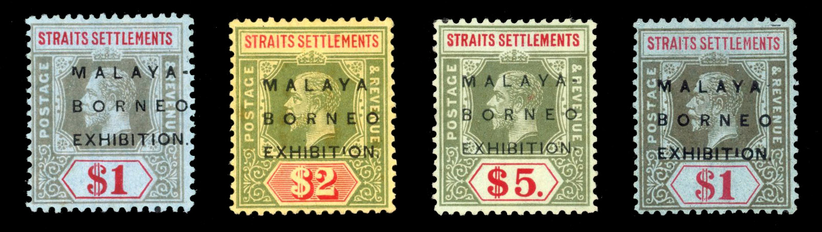 Straits Settlements 1922 Malaya-Borneo Exhibition mint variety group, SG 247var, 248e, 249c, 255e