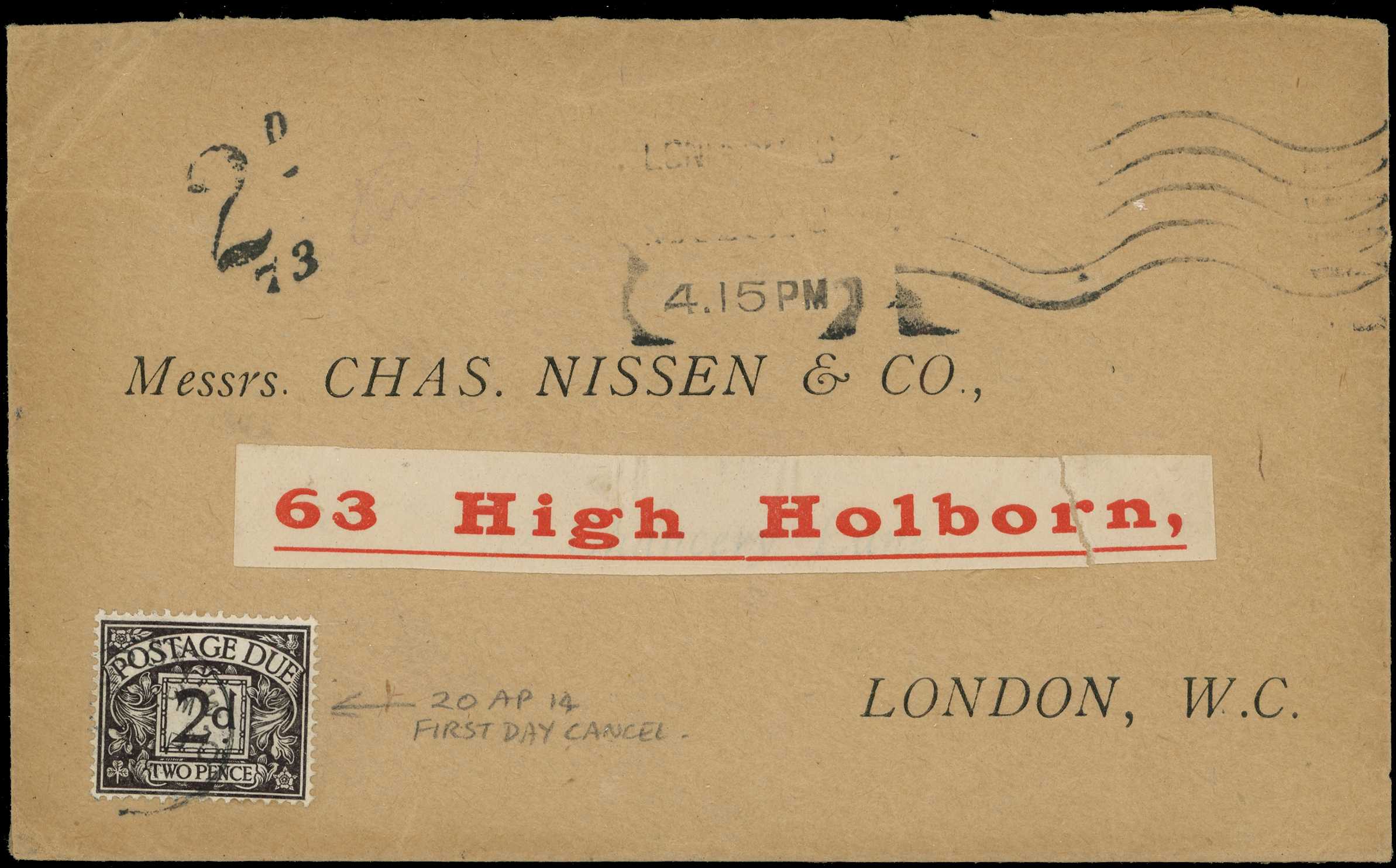1914 unfranked cover addressed to Chas Nissen...