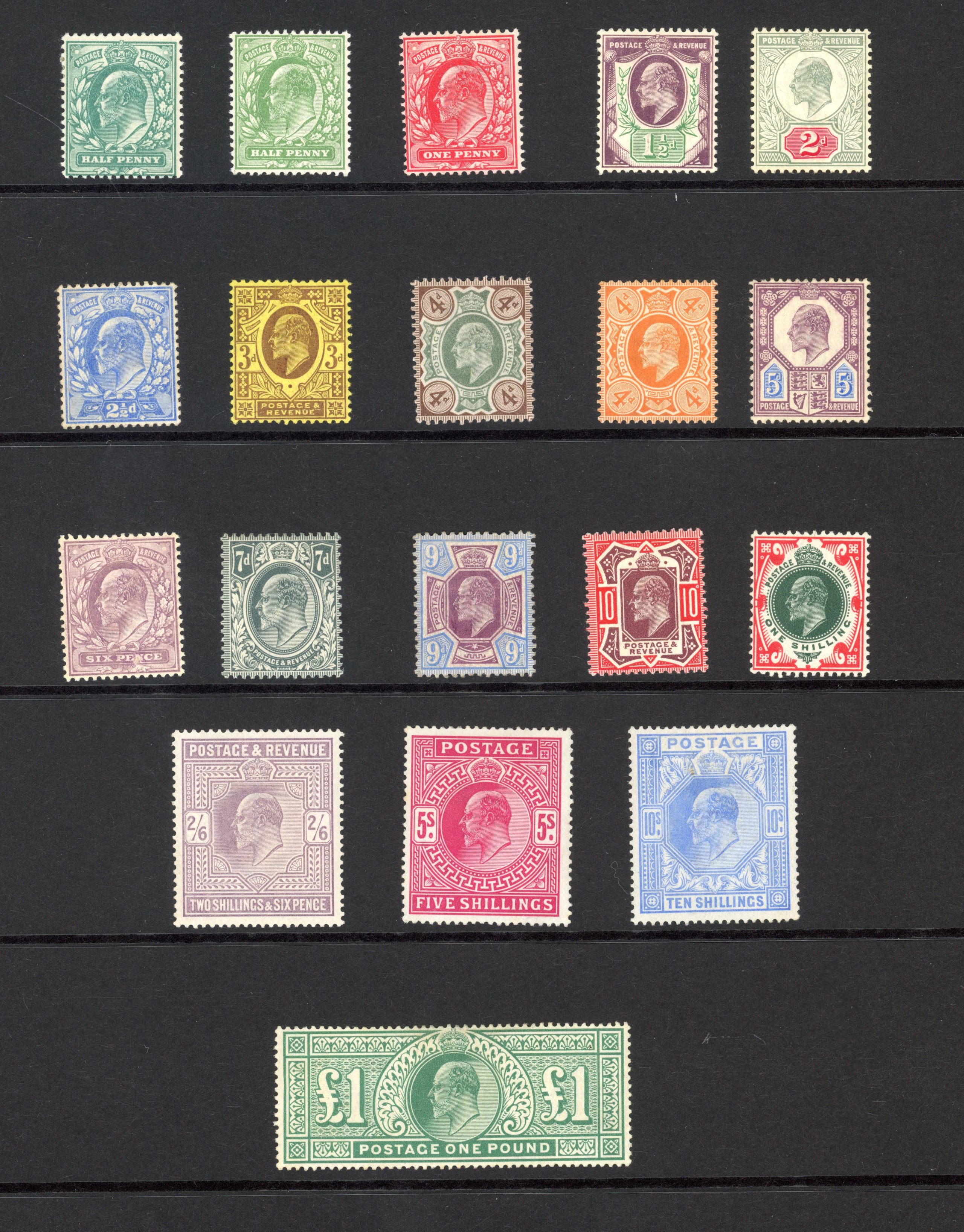 GB 1902-13 ½d to £1 set of nineteen, mixed printings, mint with large part o.g.
