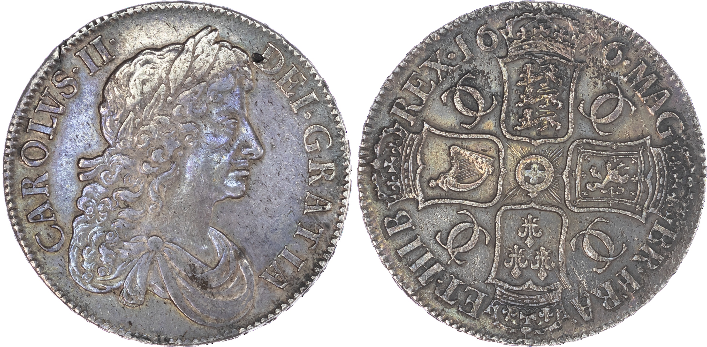 Charles II (1660-85), Crown, 1677/6, third laureate and draped bust right, reads CAROLVS II DEI GRATIA. Rev, crowned
