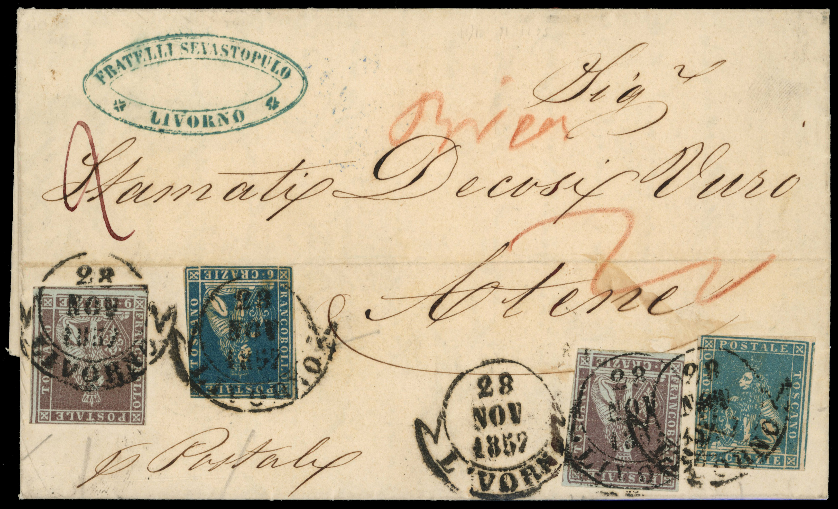 Italy: Tuscany 1857 cover Livorno to Pireus